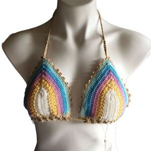 Pilyq Romance Crochet Triangle Halter Bikini Top Womens Size Medium NWT ROM-182R